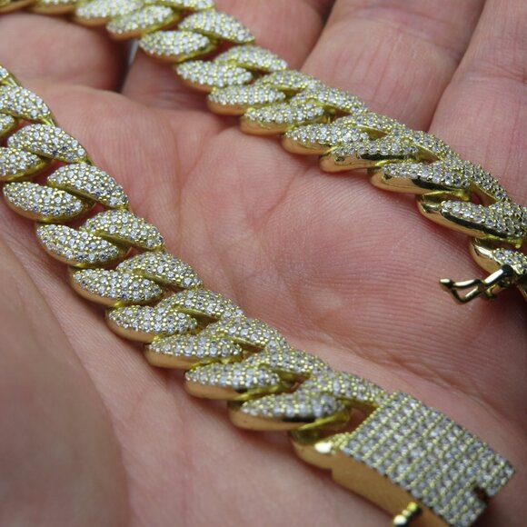 14k *925 Sterling Silver Men's Cuban Diamond Bracelet - Picture 2 of 6